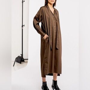 Brown Long Sleeve Shirt Dress with Scarf Tie